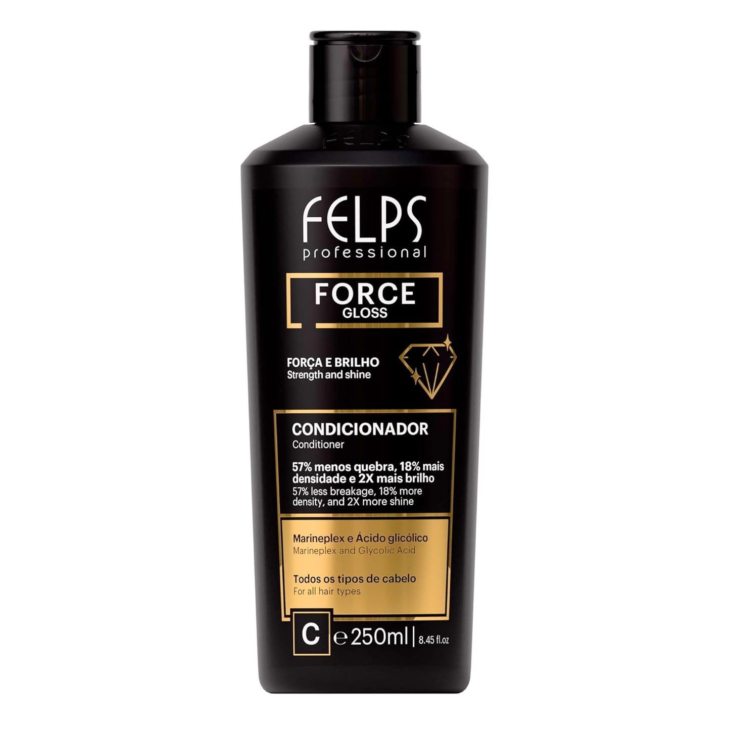 Felps Professional Force Gloss Conditioner, Marineplex and Glycolic Acid, Strengthening Treatment for All Hair Types, 8.45 fl oz (250mL)