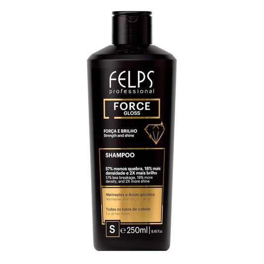 Felps Professional Force Gloss Shampoo with Marineplex, Glycolic Acid for All Hair Types, Strengthening Treatment, Black, 250mL, 8.45 Fl Oz