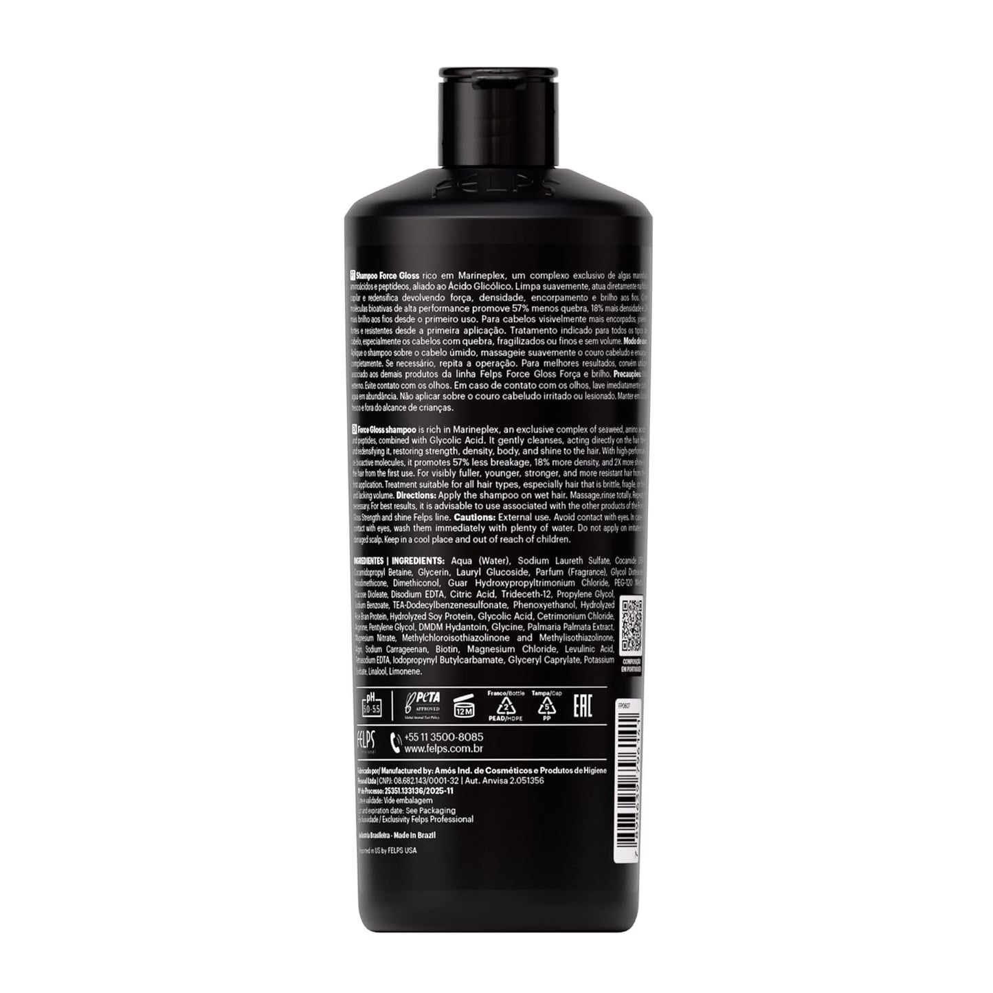 Felps Professional Force Gloss Shampoo with Marineplex and Glycolic Acid, Black, 16.9 Fl Oz, Strengthening Treatment for All Hair Types, 57% Less Breakage
