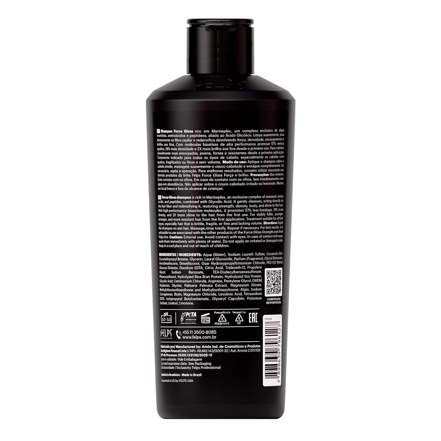 Felps Professional Force Gloss Shampoo with Marineplex, Glycolic Acid for All Hair Types, Strengthening Treatment, Black, 250mL, 8.45 Fl Oz